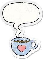 j'aime la tasse de dessin animé de café et l'autocollant en détresse de bulle de discours vecteur