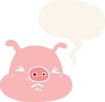 visage de cochon en colère de dessin animé et bulle de dialogue dans un style rétro vecteur