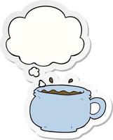 dessin animé tasse de café chaud et bulle de pensée comme autocollant imprimé vecteur