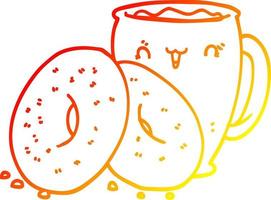 ligne de gradient chaud dessinant un café et des beignets de dessin animé vecteur