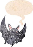 chauve-souris d'halloween de dessin animé et bulle de dialogue dans un style texturé rétro vecteur