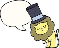 lion de dessin animé mignon portant un chapeau haut de forme et une bulle de dialogue vecteur