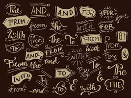 esperluettes de doodle vintage, mots clés, calligraphie, ruban. ensemble d'éléments de conception dessinés à la main. mots, avec, de, par, pour, à, le, et vecteur