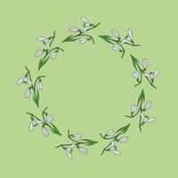 cadre rond avec de beaux perce-neige horizontaux sur fond vert clair. motif de fleurs vectorielles isolées pour votre conception. vecteur