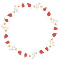 cadre rond avec de grandes feuilles rouges, de petites feuilles jaunes et des éléments décoratifs sur fond blanc. couronne isolée pour votre conception. vecteur