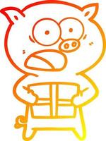 ligne de gradient chaud dessinant un cochon de dessin animé avec un cadeau de noël vecteur