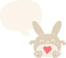 lapin de dessin animé mignon et coeur d'amour et bulle de dialogue dans un style rétro vecteur