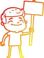 ligne de gradient chaud dessinant un homme de dessin animé heureux avec une pancarte vecteur