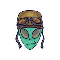 illustration tête extraterrestre dessinée à la main dessin animé isolé portant un casque de motard et des lunettes vecteur