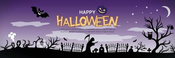 concept de bannière d'halloween avec cimetière de silhouette, faucheuse, arbres effrayants, chauves-souris et texte joyeux halloween vecteur