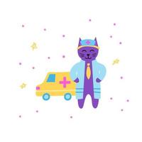 mignon personnage de chat médecin violet doodle en peignoir médical avec voiture d'ambulance isolé sur fond blanc. vecteur