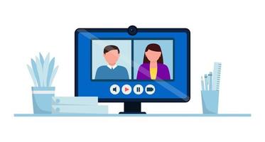 illustration vectorielle de conférence en ligne. entretien d'embauche par webcam. écran d'ordinateur avec des personnes à l'écran vecteur