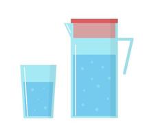 verre d'eau potable et la verseuse en verre sur fond blanc. liquide bleu de vecteur dans un style plat