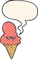 dessin animé cool crème glacée et bulle de dialogue dans le style de la bande dessinée vecteur
