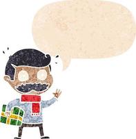 homme de dessin animé avec moustache et cadeau de noël et bulle de dialogue dans un style texturé rétro vecteur