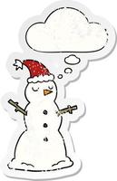 dessin animé bonhomme de neige et bulle de pensée comme un autocollant usé en détresse vecteur