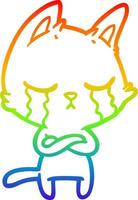 ligne de gradient arc-en-ciel dessinant un chat de dessin animé qui pleure avec les bras croisés vecteur