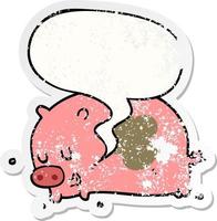 mignon dessin animé cochon et bulle autocollant en détresse vecteur