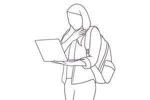 étudiante surprise avec sac à dos tout en utilisant un ordinateur portable. illustration vectorielle de style dessiné à la main vecteur