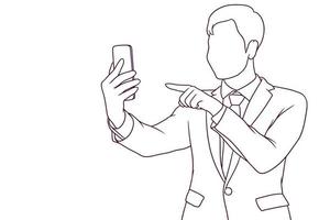 jeune homme d'affaires ayant une conférence téléphonique vidéo. illustration vectorielle de style dessiné à la main vecteur