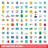 Ensemble de 100 icônes de pirate informatique, style dessin animé vecteur