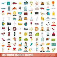 Ensemble de 100 icônes de lune de miel, style plat vecteur