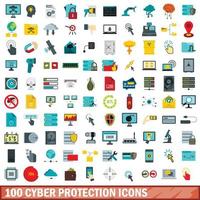 Ensemble de 100 icônes de cyberprotection, style plat vecteur