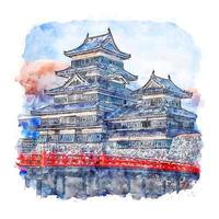 château de matsumoto japon croquis aquarelle illustration dessinée à la main vecteur