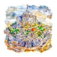 mont saint michel france croquis aquarelle illustration dessinée à la main vecteur