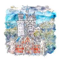 château de neuschwastein allemagne croquis aquarelle illustration dessinée à la main vecteur
