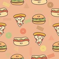 mignon chibi pizza hamburger hot dog doux coloré sans couture modèle griffonnage enfants bébé kawaii dessin animé vecteur