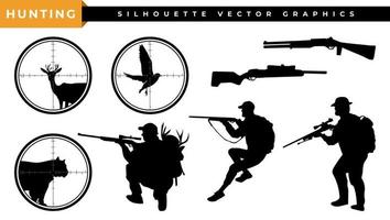 silhouette de chasse. vecteur de chasse chasseur avec fusil, arme. icône de chasse aux animaux forestiers, logo, étiquette, illustration. cerf, tigre, oiseau, dans une cible, tirer.