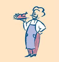 illustration vectorielle de croquis de chef français sur couleur pastel. homme avec un plat de poulet prêt vecteur
