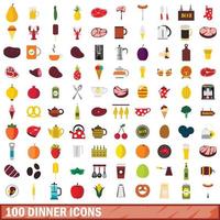 Ensemble de 100 icônes de dîner, style plat vecteur