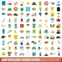 100 icônes de livre d'écologie, style plat vecteur