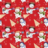 bonhomme de neige mignon avec cadeau et arbre de Noël sur le motif de fond rouge. vecteur