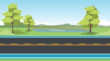vue horizontale de la route goudronnée. avec lentille de vélo. fond d'arbres et d'herbe verte avec flaque d'eau et montagne. sous le ciel bleu. vecteur