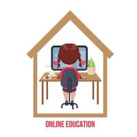 jeune fille assise à une table et étudiant à l'ordinateur à la maison. concept d'éducation en ligne en style cartoon isolé sur fond blanc. reste à la maison. illustration vectorielle vecteur