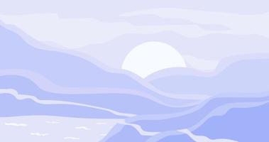 paysage abstrait de montagnes avec soleil, nuages et bord de mer. illustration vectorielle minimaliste. vecteur