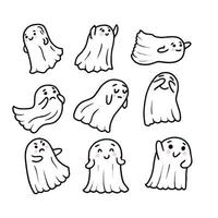 collection de fantômes dans un style mignon de doodle. fantômes drôles avec différentes émotions. illustration vectorielle sur fond blanc. jeu de caractères d'halloween. La charité s'il-vous-plaît. vecteur