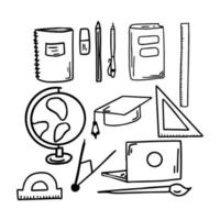 ensemble stationnaire dessiné à la main fragmentaire de vecteur isolé sur blanc. doodle bureau et choses scolaires.