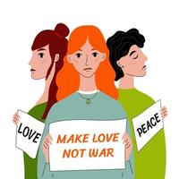 protester contre le concept de guerre. trois femmes protestent contre la guerre avec des pancartes. faire l'amour pas le slogan de la guerre. conception pacifique. illustration vectorielle dans un style plat. vecteur