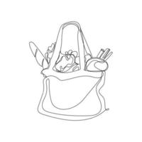 produits dans un sac écologique illustration vectorielle d'art en ligne dessinée à la main isolée sur blanc. achats d'épicerie dans un sac à main en textile. sac d'aliments sains en ligne continue vecteur