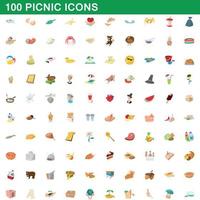 Ensemble de 100 icônes de pique-nique, style dessin animé vecteur