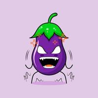 personnage d'aubergine mignon avec une expression très en colère. les yeux exorbités et la bouche grande ouverte. vert et violet. adapté pour émoticône, logo, mascotte vecteur