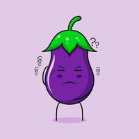 personnage d'aubergine mignon avec une expression de pensée, une main sur la tête et les yeux fermés. vert et violet. adapté pour émoticône, logo, mascotte vecteur