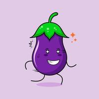 personnage d'aubergine mignon avec une expression heureuse, des yeux pétillants, courir et souriant. vert et violet. adapté à l'émoticône, au logo, à la mascotte et à l'icône vecteur