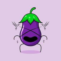 personnage d'aubergine mignon avec une expression choquée et la bouche ouverte. vert et violet. adapté à l'émoticône, au logo, à la mascotte et à l'icône vecteur