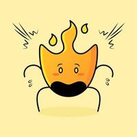 dessin animé mignon de feu avec une expression choquée. bouche ouverte et yeux exorbités. jaune et orange. adapté aux logos, icônes, symboles ou mascottes vecteur