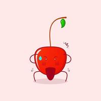 personnage de dessin animé mignon de cerise avec une expression choquée, deux mains sur la tête et la bouche ouverte. vert et rouge. adapté à l'émoticône, au logo, à la mascotte ou à l'autocollant vecteur